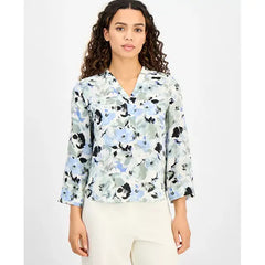 Anne Klein Petite Printed 3/4 Sleeve Utility Blouse, Stylish Functional Womens Top, Soft Aloe Multi