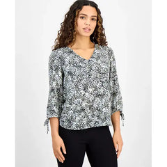 Anne Klein Petite Printed V Neck Tie Sleeve Top, Chic Stylish Womens Blouse