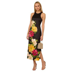 Adrianna Papell Womens Printed Satin Sleeveless Midi Dress, Elegant Style for Special Occasions, Black Multi