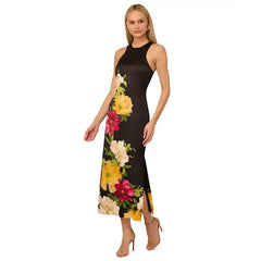 Adrianna Papell Womens Printed Satin Sleeveless Midi Dress, Elegant Style for Special Occasions, Black Multi