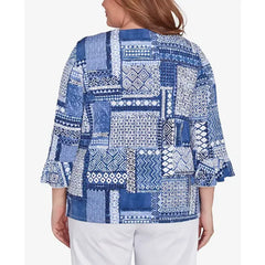 Alfred Dunner Plus Size Classic Beaded Split Neck Patchwork Top, Denim