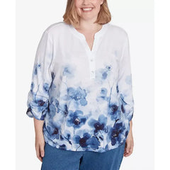 Alfred Dunner Plus Size Classic Floral Border Ruched Sleeves Henley Top, Navy Multi, Size 1X