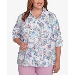Alfred Dunner Plus Size Classic Paisley Button Down Cuffed Sleeves Top, Navy Multi