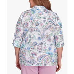 Alfred Dunner Plus Size Classic Paisley Button Down Cuffed Sleeves Top, Navy Multi