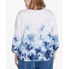 Alfred Dunner Plus Size Classic Floral Border Ruched Sleeves Henley Top, Navy Multi, Size 1X