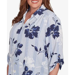 Alfred Dunner Plus Size Classic Striped Flower Button Front Tie Sleeves Blouse, Navy