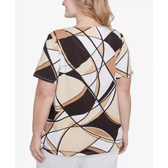 Alfred Dunner Plus Size Geometric Top with Detailed Neckline, Black/Tan