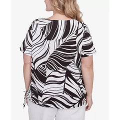 Alfred Dunner Plus Size Twisted Leaves Side Tie Top, Black/White