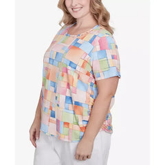 Alfred Dunner Plus Size Color Block Tile Top with Side Ruching, Pastel