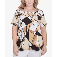 Alfred Dunner Plus Size Geometric Top with Detailed Neckline, Black/Tan