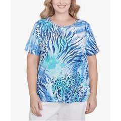 Alfred Dunner Plus Size Animal Printed Top with Ruched Sides, Blue , Size 1X