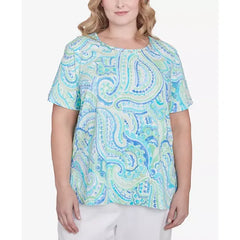 Alfred Dunner Plus Size Pleated Crew Neck Paisley Top, Multi Blue