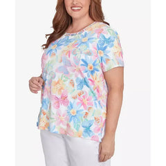 Alfred Dunner Plus Size Spring Butterfly Crew Neck Top, Multi Pink