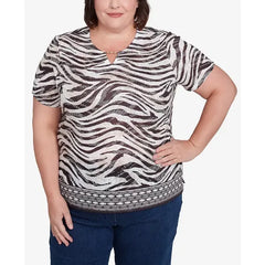 Alfred Dunner Plus Size Beaded Split Neck Animal Print Top, Black/Tan