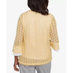 Alfred Dunner Petite Dress Code Two in One Pointelle Knit Top with Necklace, Buttercup