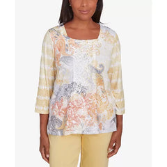 Alfred Dunner Petite Dress Code Square Neck Paisley Geometric Top, Multi Yellow