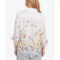 Alfred Dunner Petite Dress Code Button Down Butterfly Floral Top with Necklace, Multi White