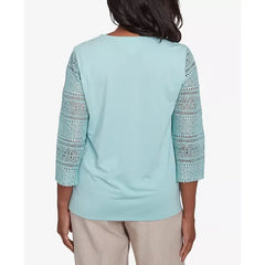 Alfred Dunner Petite Kensington Gardens Solid Lace Sleeve Knit Top with Necklace