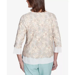 Alfred Dunner Petite Kensington Gardens Floral Lace Woven Trim Top with Necklace, Neutral Multi