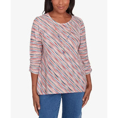 Alfred Dunner Petite Free Spirit Diagonal Space Dye Top with Necklace, Coral , Size PM