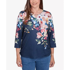 Alfred Dunner Petite Free Spirit Floral Knit Ruched Sleeve Top, Navy , Size PS