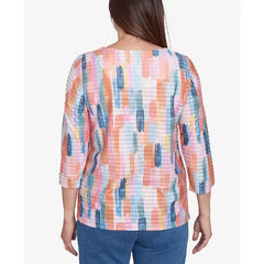 Alfred Dunner Petite Free Spirit Mini Ruffle Brushstroke Crew Neck Top, Coral