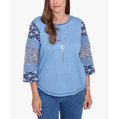 Alfred Dunner Petite Free Spirit Patchwork Sleeve Knit Top with Necklace, Blue
