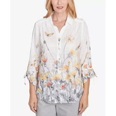 Alfred Dunner Petite Dress Code Button Down Butterfly Floral Top with Necklace, Multi White