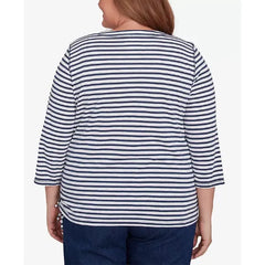 Alfred Dunner Plus Size Free Spirit Striped Butterfly Embroidered Top, Navy Multi , Size 2X