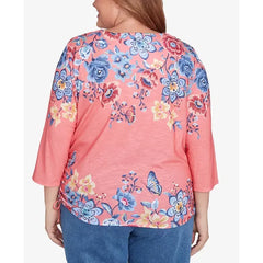 Alfred Dunner Plus Size Free Spirit Showstopping Crew Neck Floral Knit Top, Coral