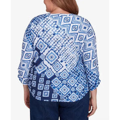 Alfred Dunner Plus Size Free Spirit Ikat Patched Geometric Top, Navy Multi