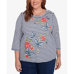 Alfred Dunner Plus Size Free Spirit Striped Butterfly Embroidered Top, Navy Multi , Size 2X
