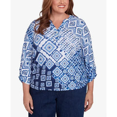 Alfred Dunner Plus Size Free Spirit Ikat Patched Geometric Top, Navy Multi