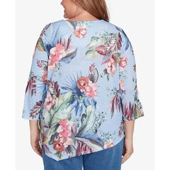 Alfred Dunner Plus Size Free Spirit Tropical Print Knit Top with Necklace, Light Blue