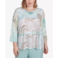 Alfred Dunner Plus Size Kensington Gardens Patchwork Leaves Textured Top, Neutral Multi