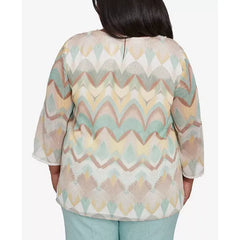 Alfred Dunner Plus Size Kensington Gardens Chevron Textured V-Neck Top, Neutral Multi, Size 1X