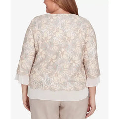 Alfred Dunner Plus Size Kensington Gardens Floral Lace Woven Trim Top with Necklace, Neutral Multi