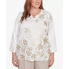 Alfred Dunner Plus Size Kensington Gardens Split Neck Botanical Gold Foil Print Sweater, Neutral Multi