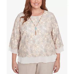 Alfred Dunner Plus Size Kensington Gardens Floral Lace Woven Trim Top with Necklace, Neutral Multi