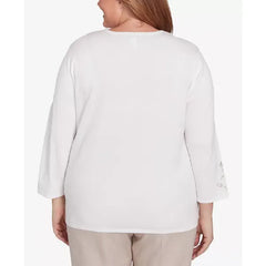 Alfred Dunner Plus Size Kensington Gardens Split Neck Botanical Gold Foil Print Sweater, Neutral Multi