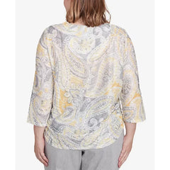 Alfred Dunner Plus Size Dress Code Textured Paisley Beaded Neck Top, Grey Multi