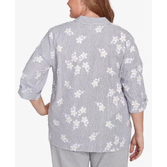 Alfred Dunner Plus Size Dress Code Flower Embroidered Button Down Striped Top, Pearl