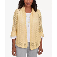 Alfred Dunner Petite Dress Code Two in One Pointelle Knit Top with Necklace, Buttercup