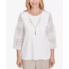 Alfred Dunner Petite Kensington Gardens Solid Lace Sleeve Knit Top with Necklace