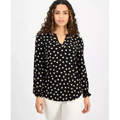 Anne Klein Petite Printed Split Neck Long Sleeve Top, Versatile Lightweight Blouse for Office or Everyday Wear