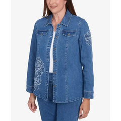 Alfred Dunner Women's Free Spirit Super Stretch Floral Denim Jacket, Medium Denim