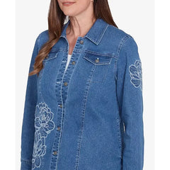 Alfred Dunner Women's Free Spirit Super Stretch Floral Denim Jacket, Medium Denim