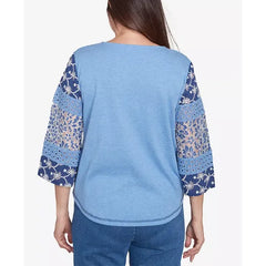 Alfred Dunner Women's Free Spirit Patchwork Sleeve Knit Top with Necklace, Blue