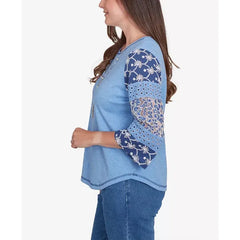 Alfred Dunner Women's Free Spirit Patchwork Sleeve Knit Top with Necklace, Blue