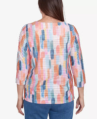 Alfred Dunner Women's Free Spirit Mini Ruffle Brushstroke Crew Neck Top, Coral